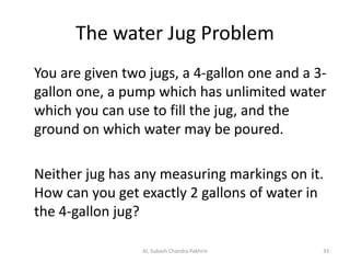 The water Jug Problem
You are given two jugs, a 4-gallon one and a 3-
gallon one, a pump which has unlimited water
which you can use to fill the jug, and the
ground on which water may be poured.
Neither jug has any measuring markings on it.
How can you get exactly 2 gallons of water in
the 4-gallon jug?
AI, Subash Chandra Pakhrin 33
 