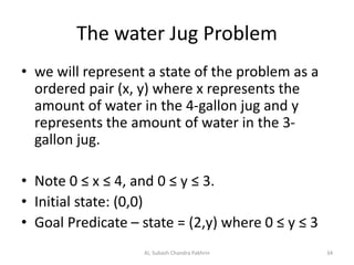 The water Jug Problem
• we will represent a state of the problem as a
ordered pair (x, y) where x represents the
amount of water in the 4-gallon jug and y
represents the amount of water in the 3-
gallon jug.
• Note 0 ≤ x ≤ 4, and 0 ≤ y ≤ 3.
• Initial state: (0,0)
• Goal Predicate – state = (2,y) where 0 ≤ y ≤ 3
AI, Subash Chandra Pakhrin 34
 