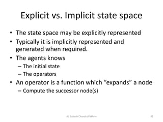 Explicit vs. Implicit state space
• The state space may be explicitly represented
• Typically it is implicitly represented and
generated when required.
• The agents knows
– The initial state
– The operators
• An operator is a function which “expands” a node
– Compute the successor node(s)
AI, Subash Chandra Pakhrin 42
 