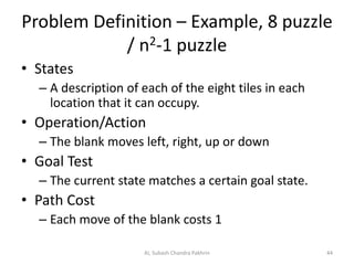 Problem Definition – Example, 8 puzzle
/ n2-1 puzzle
• States
– A description of each of the eight tiles in each
location that it can occupy.
• Operation/Action
– The blank moves left, right, up or down
• Goal Test
– The current state matches a certain goal state.
• Path Cost
– Each move of the blank costs 1
AI, Subash Chandra Pakhrin 44
 