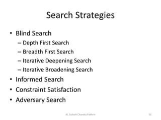 Search Strategies
• Blind Search
– Depth First Search
– Breadth First Search
– Iterative Deepening Search
– Iterative Broadening Search
• Informed Search
• Constraint Satisfaction
• Adversary Search
AI, Subash Chandra Pakhrin 50
 
