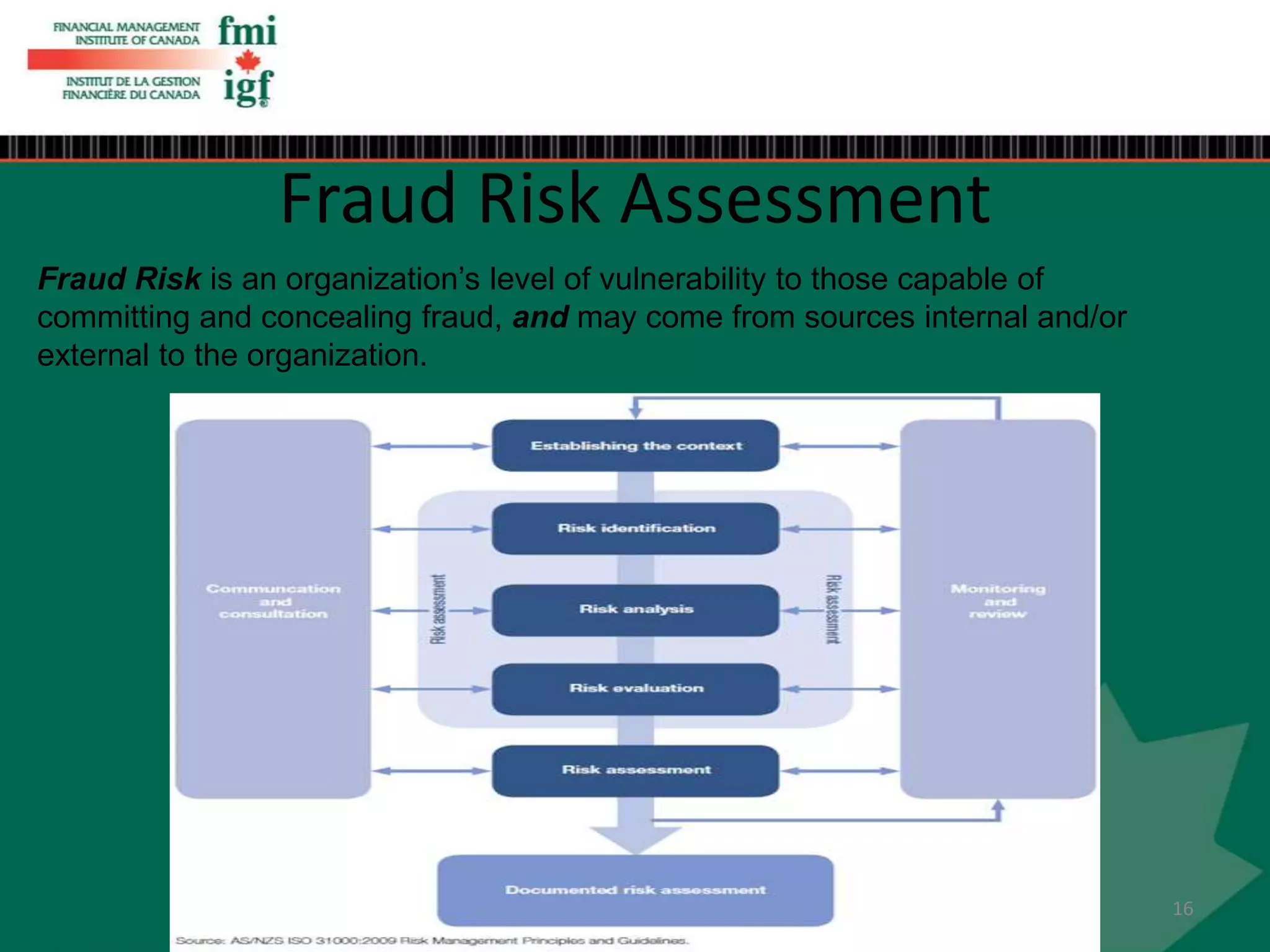 Fraud Risk is an organization’s level of vulnerability to those capable of
committing and concealing fraud, and may come from sources internal and/or
external to the organization.
Fraud Risk Assessment
16
 