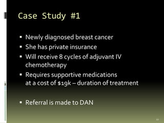 Case Study #1
 Newly diagnosed breast cancer
 She has private insurance
 Will receive 8 cycles of adjuvant IV
chemotherapy
 Requires supportive medications
at a cost of $19k – duration of treatment
 Referral is made to DAN
22
 