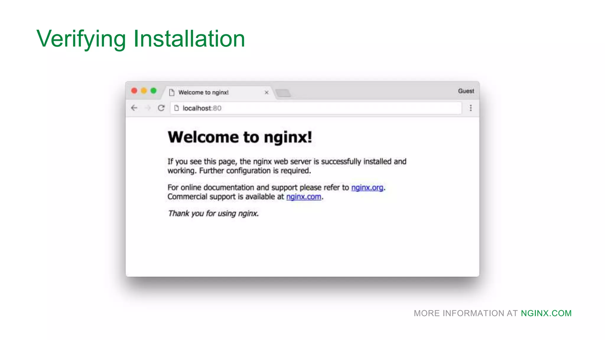 MORE INFORMATION AT NGINX.COM
Verifying Installation
 