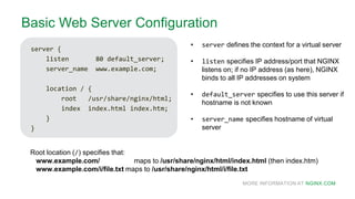 MORE INFORMATION AT NGINX.COM
Basic Web Server Configuration
server {
listen 80 default_server;
server_name www.example.com;
location / {
root /usr/share/nginx/html;
index index.html index.htm;
}
}
Root location (/) specifies that:
www.example.com/ maps to /usr/share/nginx/html/index.html (then index.htm)
www.example.com/i/file.txt maps to /usr/share/nginx/html/i/file.txt
• server defines the context for a virtual server
• listen specifies IP address/port that NGINX
listens on; if no IP address (as here), NGINX
binds to all IP addresses on system
• default_server specifies to use this server if
hostname is not known
• server_name specifies hostname of virtual
server
 
