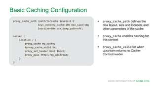 MORE INFORMATION AT NGINX.COM
Basic Caching Configuration
proxy_cache_path /path/to/cache levels=1:2
keys_zone=my_cache:10m max_size=10g
inactive=60m use_temp_path=off;
server {
location / {
proxy_cache my_cache;
#proxy_cache_valid 5m;
proxy_set_header Host $host;
proxy_pass http://my_upstream;
}
}
• proxy_cache_path defines the
disk layout, size and location, and
other parameters of the cache
• proxy_cache enables caching for
this context
• proxy_cache_valid for when
upstream returns no Cache-
Control header
 