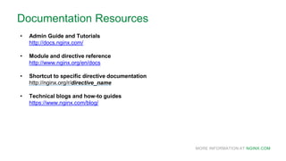 MORE INFORMATION AT NGINX.COM
Documentation Resources
• Admin Guide and Tutorials
http://docs.nginx.com/
• Module and directive reference
http://www.nginx.org/en/docs
• Shortcut to specific directive documentation
http://nginx.org/r/directive_name
• Technical blogs and how-to guides
https://www.nginx.com/blog/
 