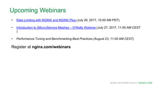 MORE INFORMATION AT NGINX.COM
Upcoming Webinars
• Rate Limiting with NGINX and NGINX Plus (July 26, 2017, 10:00 AM PDT)
• Introduction to (Micro)Service Meshes – O’Reilly Webinar (July 27, 2017, 11:00 AM CEST
)
• Performance Tuning and Benchmarking Best Practices (August 23, 11:00 AM CEST)
Register at nginx.com/webinars
 
