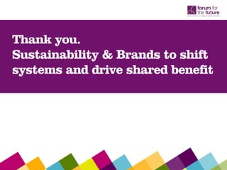 Thank you.
Sustainability & Brands to shift
systems and drive shared benefit
SallyUren, DeputyChiefExecutive | Forum for the Future
 