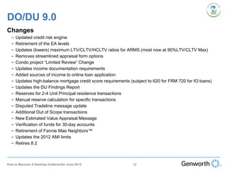 DO/DU 9.0
Changes
– Updated credit risk engine
– Retirement of the EA levels
– Updates (lowers) maximum LTV/CLTV/HCLTV ratios for ARMS (most now at 90%LTV/CLTV Max)
– Removes streamlined appraisal form options
– Condo project “Limited Review” Change
– Updates income documentation requirements
– Added sources of income to online loan application
– Updates high-balance mortgage credit score requirements (subject to 620 for FRM 720 for IO loans)
– Updates the DU Findings Report
– Reserves for 2-4 Unit Principal residence transactions
– Manual reserve calculation for specific transactions
– Disputed Tradeline message update
– Additional Out of Scope transactions
– New Estimated Value Appraisal Message
– Verification of funds for 30-day accounts
– Retirement of Fannie Mae Neighbors™
– Updates the 2012 AMI limits
– Retires 8.2
12How to Become A Desktop Underwriter June 2013
 
