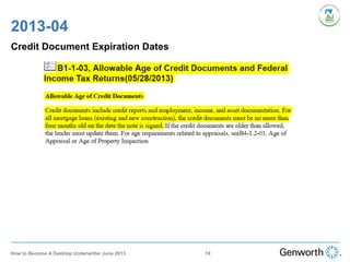 2013-04
Credit Document Expiration Dates
19How to Become A Desktop Underwriter June 2013
 
