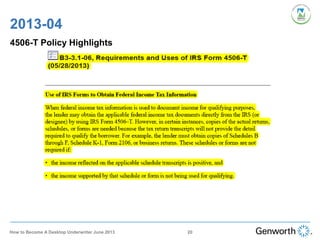 2013-04
4506-T Policy Highlights
20How to Become A Desktop Underwriter June 2013
 