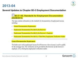 2013-04
Several Updates to Chapter B3-3 Employment Documentation
22How to Become A Desktop Underwriter June 2013
 