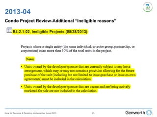 2013-04
Condo Project Review-Additional “Ineligible reasons”
25How to Become A Desktop Underwriter June 2013
 