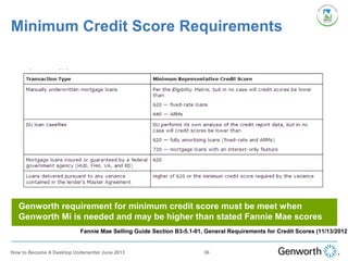 Minimum Credit Score Requirements
Fannie Mae Selling Guide Section B3-5.1-01, General Requirements for Credit Scores (11/13/2012)
36How to Become A Desktop Underwriter June 2013
Genworth requirement for minimum credit score must be meet when
Genworth Mi is needed and may be higher than stated Fannie Mae scores
 
