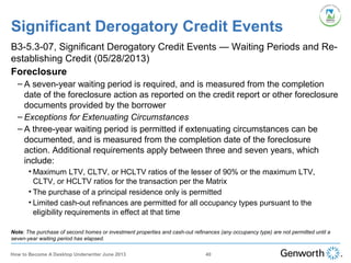 B3-5.3-07, Significant Derogatory Credit Events — Waiting Periods and Re-
establishing Credit (05/28/2013)
Foreclosure
– A seven-year waiting period is required, and is measured from the completion
date of the foreclosure action as reported on the credit report or other foreclosure
documents provided by the borrower
– Exceptions for Extenuating Circumstances
– A three-year waiting period is permitted if extenuating circumstances can be
documented, and is measured from the completion date of the foreclosure
action. Additional requirements apply between three and seven years, which
include:
• Maximum LTV, CLTV, or HCLTV ratios of the lesser of 90% or the maximum LTV,
CLTV, or HCLTV ratios for the transaction per the Matrix
• The purchase of a principal residence only is permitted
• Limited cash-out refinances are permitted for all occupancy types pursuant to the
eligibility requirements in effect at that time
Note: The purchase of second homes or investment properties and cash-out refinances (any occupancy type) are not permitted until a
seven-year waiting period has elapsed.
Significant Derogatory Credit Events
40How to Become A Desktop Underwriter June 2013
 