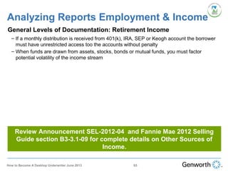 •
General Levels of Documentation: Retirement Income
– If a monthly distribution is received from 401(k), IRA, SEP or Keogh account the borrower
must have unrestricted access too the accounts without penalty
– When funds are drawn from assets, stocks, bonds or mutual funds, you must factor
potential volatility of the income stream
Analyzing Reports Employment & Income
Review Announcement SEL-2012-04 and Fannie Mae 2012 Selling
Guide section B3-3.1-09 for complete details on Other Sources of
Income.
65How to Become A Desktop Underwriter June 2013
 