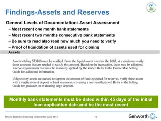 Findings-Assets and Reserves
Monthly bank statements must be dated within 45 days of the initial
loan application date and be the most recent
•
General Levels of Documentation: Asset Assessment
– Most recent one month bank statements
– Most recent two months consecutive bank statements
– Be sure to read also read how much you need to verify
– Proof of liquidation of assets used for closing
72How to Become A Desktop Underwriter June 2013
 