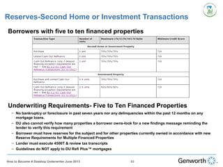 Reserves-Second Home or Investment Transactions
•
Borrowers with five to ten financed properties
•
Underwriting Requirements- Five to Ten Financed Properties
– No bankruptcy or foreclosure in past seven years nor any delinquencies within the past 12 months on any
mortgage loans.
– DU also cannot verify how many properties a borrower owns-look for a new findings message reminding the
lender to verify this requirement
– Borrower must have reserves for the subject and for other properties currently owned in accordance with new
Reserve Requirements for Multiple Financed Properties
– Lender must execute 4506T & review tax transcripts
– Guidelines do NOT apply to DU Refi Plus™ mortgages
80How to Become A Desktop Underwriter June 2013
 