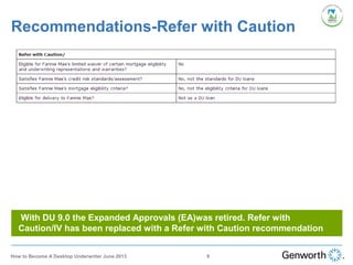 Recommendations-Refer with Caution
With DU 9.0 the Expanded Approvals (EA)was retired. Refer with
Caution/IV has been replaced with a Refer with Caution recommendation
9How to Become A Desktop Underwriter June 2013
 