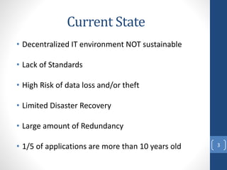 Current State
• Decentralized IT environment NOT sustainable
• Lack of Standards
• High Risk of data loss and/or theft
• Limited Disaster Recovery
• Large amount of Redundancy
• 1/5 of applications are more than 10 years old 3
 