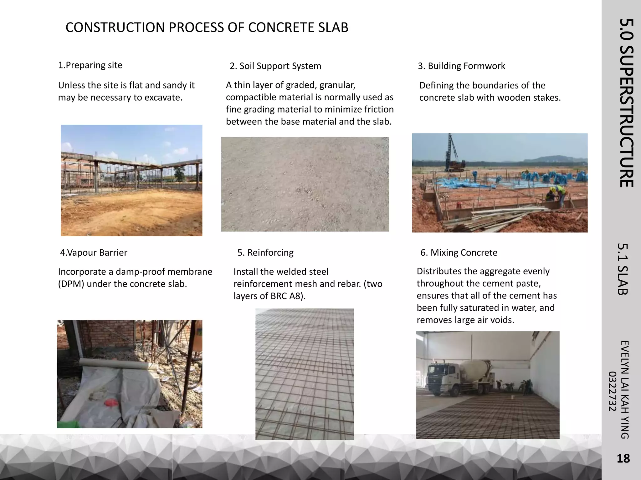 Unless the site is flat and sandy it
may be necessary to excavate.
5.0SUPERSTRUCTUREEVELYNLAIKAHYING5.1SLAB
18
0322732
CONSTRUCTION PROCESS OF CONCRETE SLAB
1.Preparing site 3. Building Formwork
Defining the boundaries of the
concrete slab with wooden stakes.
4.Vapour Barrier
Incorporate a damp-proof membrane
(DPM) under the concrete slab.
5. Reinforcing
Install the welded steel
reinforcement mesh and rebar. (two
layers of BRC A8).
6. Mixing Concrete
Distributes the aggregate evenly
throughout the cement paste,
ensures that all of the cement has
been fully saturated in water, and
removes large air voids.
2. Soil Support System
A thin layer of graded, granular,
compactible material is normally used as
fine grading material to minimize friction
between the base material and the slab.
 