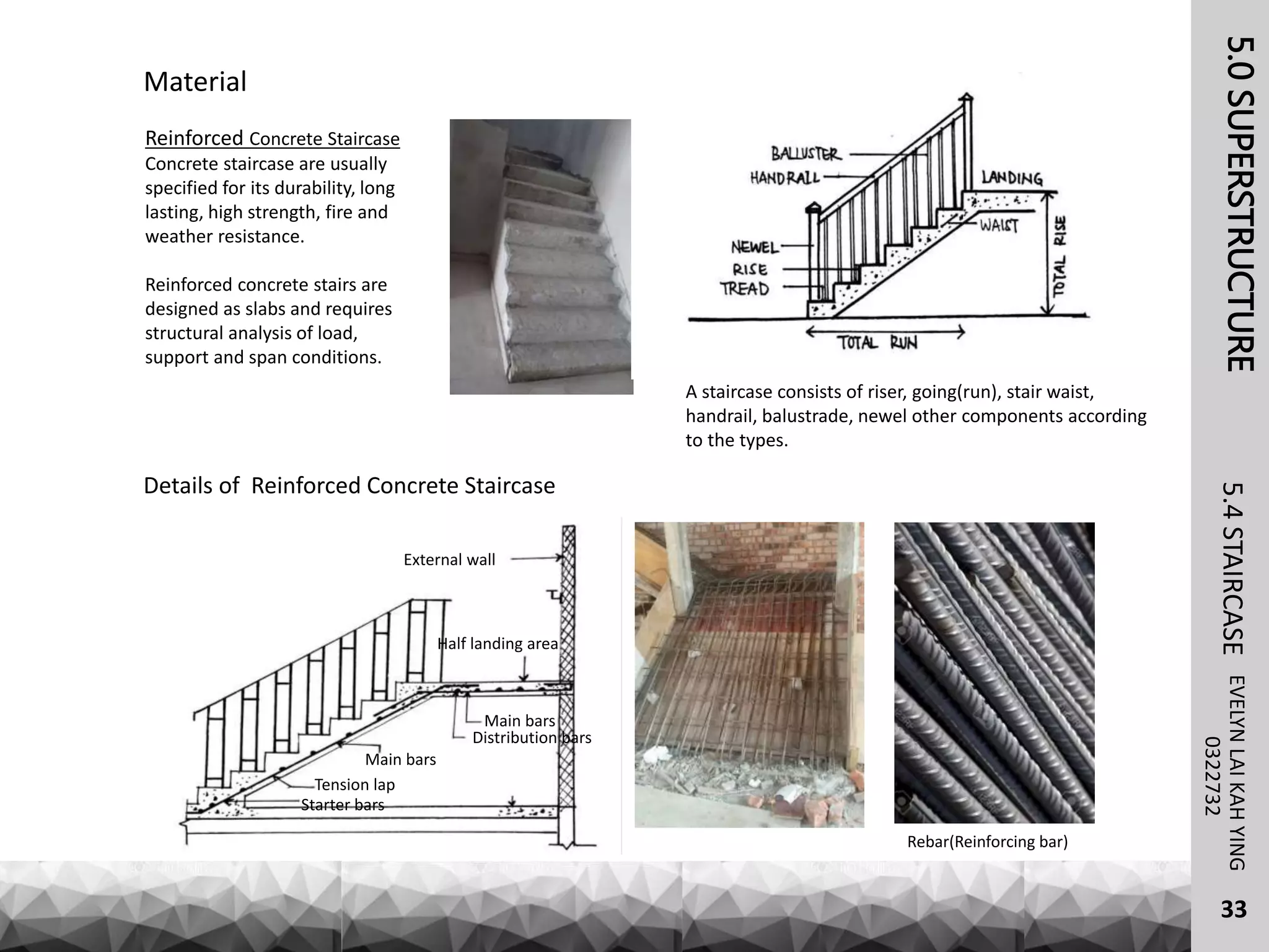 5.0SUPERSTRUCTUREEVELYNLAIKAHYING5.4STAIRCASE
33
0322732
Reinforced Concrete Staircase
Concrete staircase are usually
specified for its durability, long
lasting, high strength, fire and
weather resistance.
Reinforced concrete stairs are
designed as slabs and requires
structural analysis of load,
support and span conditions.
Details of Reinforced Concrete Staircase
Material
External wall
Half landing area
Main bars
Distribution bars
Main bars
Tension lap
Starter bars
A staircase consists of riser, going(run), stair waist,
handrail, balustrade, newel other components according
to the types.
Rebar(Reinforcing bar)
 