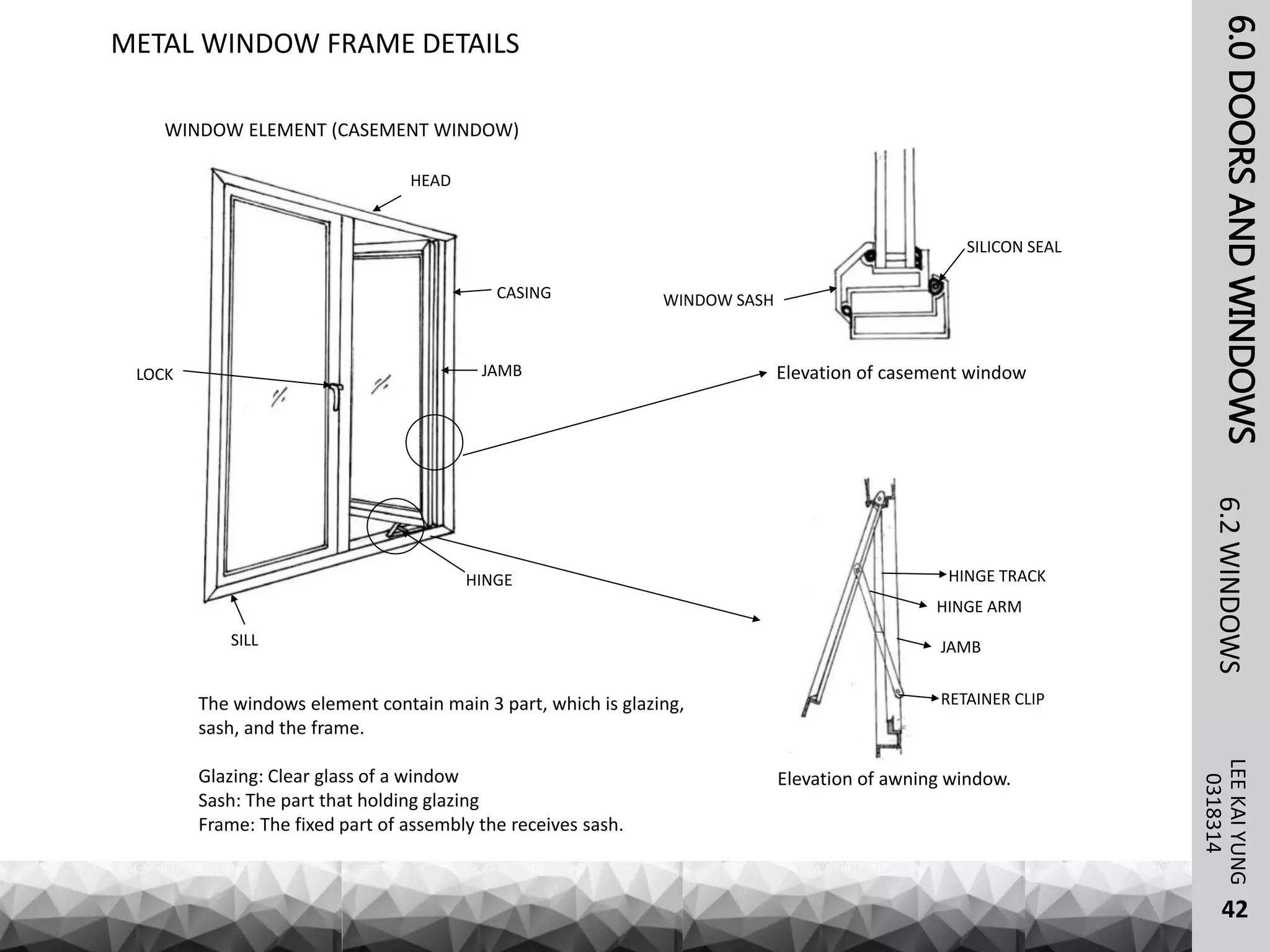 6.0DOORSANDWINDOWSLEEKAIYUNG6.2WINDOWS
42
0318314
METAL WINDOW FRAME DETAILS
HEAD
SILL
JAMB
CASING
LOCK
HINGE
WINDOW ELEMENT (CASEMENT WINDOW)
HINGE ARM
JAMB
HINGE TRACK
RETAINER CLIP
Elevation of awning window.
Elevation of casement window
SILICON SEAL
WINDOW SASH
The windows element contain main 3 part, which is glazing,
sash, and the frame.
Glazing: Clear glass of a window
Sash: The part that holding glazing
Frame: The fixed part of assembly the receives sash.
 