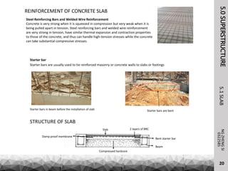 REINFORCEMENT OF CONCRETE SLAB
Steel Reinforcing Bars and Welded Wire Reinforcement
Concrete is very strong when it is squeezed in compression but very weak when it is
being pulled apart in tension. Steel reinforcing bars and welded wire reinforcement
are very strong in tension, have similar thermal expansion and contraction properties
to those of the concrete, and thus can handle high-tension stresses while the concrete
can take substantial compressive stresses.
Starter bar
Starter bars are usually used to tie reinforced masonry or concrete walls to slabs or footings
Starter bars in beam before the installation of slab Starter bars are bent
Beam
Bent starter bar
Damp proof membrane
2 layers of BRC
Compressed hardcore
Slab
STRUCTURE OF SLAB
5.0SUPERSTRUCTURE5.1SLABNGZHENGSI
0322585
20
 