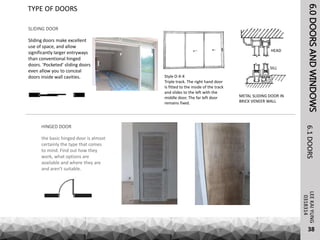 6.0DOORSANDWINDOWSLEEKAIYUNG6.1DOORS
38
TYPE OF DOORS
0318314
SLIDING DOOR
Sliding doors make excellent
use of space, and allow
significantly larger entryways
than conventional hinged
doors. 'Pocketed' sliding doors
even allow you to conceal
doors inside wall cavities.
HINGED DOOR
the basic hinged door is almost
certainly the type that comes
to mind. Find out how they
work, what options are
available and where they are
and aren't suitable.
Style O-X-X
Triple track. The right hand door
is fitted to the inside of the track
and slides to the left with the
middle door. The far left door
remains fixed.
METAL SLIDING DOOR IN
BRICK VENEER WALL
HEAD
SILL
 