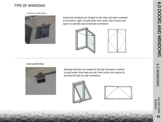 6.0DOORSANDWINDOWSLEEKAIYUNG6.2WINDOWS
41
0318314
Casement Window
TYPE OF WINDOWS
Casement windows are hinged on the side and open outward
to the left or right. Usually taller than wide, their entire sash
opens to provide top-to-bottom ventilation.
Awning windows are hinged at the top and open outward.
Usually wider than they are tall, their entire sash opens to
provide full side-to-side ventilation.
Awning Window
 