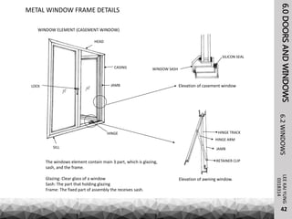 6.0DOORSANDWINDOWSLEEKAIYUNG6.2WINDOWS
42
0318314
METAL WINDOW FRAME DETAILS
HEAD
SILL
JAMB
CASING
LOCK
HINGE
WINDOW ELEMENT (CASEMENT WINDOW)
HINGE ARM
JAMB
HINGE TRACK
RETAINER CLIP
Elevation of awning window.
Elevation of casement window
SILICON SEAL
WINDOW SASH
The windows element contain main 3 part, which is glazing,
sash, and the frame.
Glazing: Clear glass of a window
Sash: The part that holding glazing
Frame: The fixed part of assembly the receives sash.
 