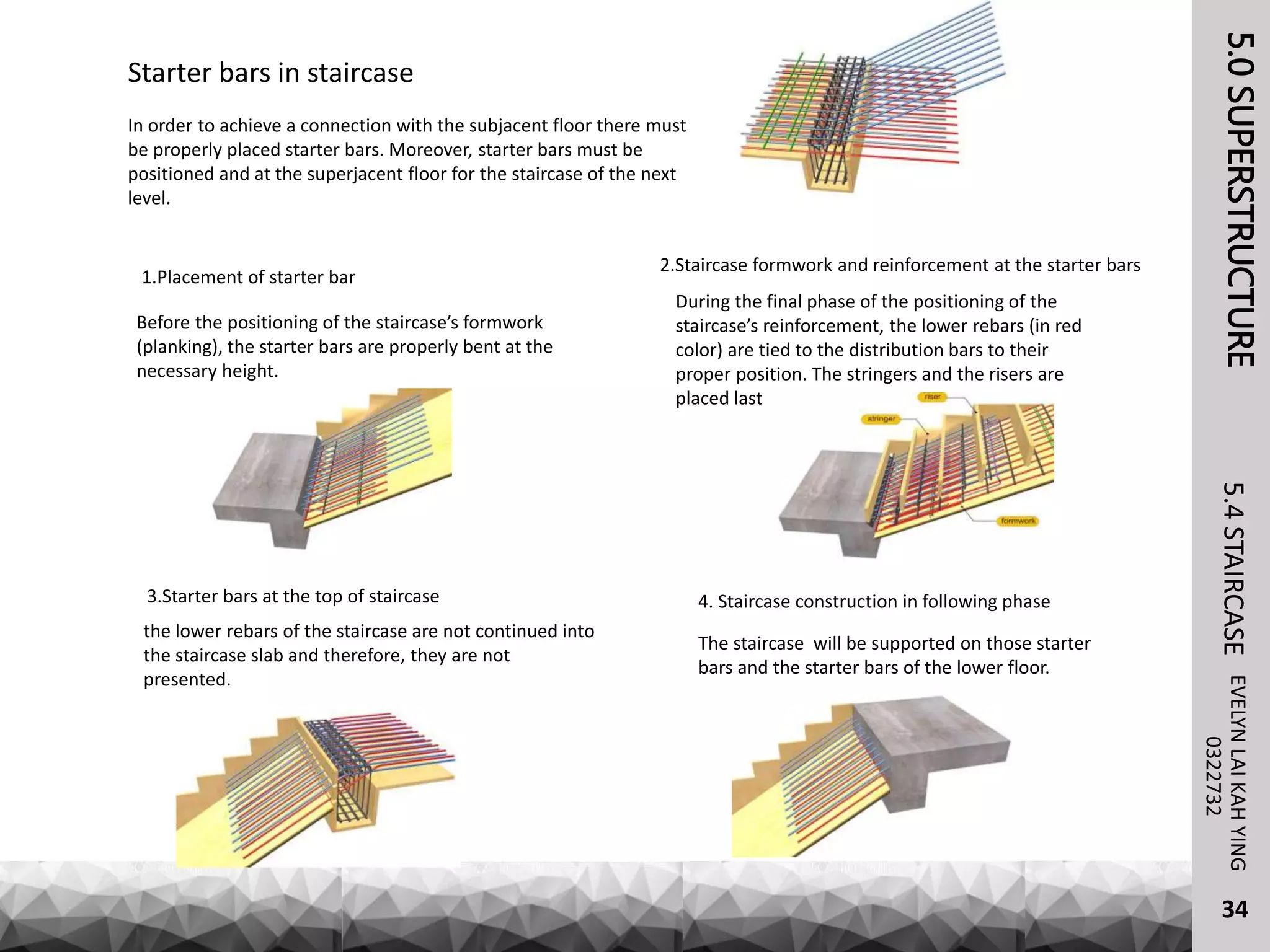 Starter bars in staircase
In order to achieve a connection with the subjacent floor there must
be properly placed starter bars. Moreover, starter bars must be
positioned and at the superjacent floor for the staircase of the next
level.
1.Placement of starter bar
Before the positioning of the staircase’s formwork
(planking), the starter bars are properly bent at the
necessary height.
During the final phase of the positioning of the
staircase’s reinforcement, the lower rebars (in red
color) are tied to the distribution bars to their
proper position. The stringers and the risers are
placed last
2.Staircase formwork and reinforcement at the starter bars
3.Starter bars at the top of staircase
the lower rebars of the staircase are not continued into
the staircase slab and therefore, they are not
presented.
4. Staircase construction in following phase
The staircase will be supported on those starter
bars and the starter bars of the lower floor.
5.0SUPERSTRUCTURE5.4STAIRCASE
0322732
EVELYNLAIKAHYING
34
 