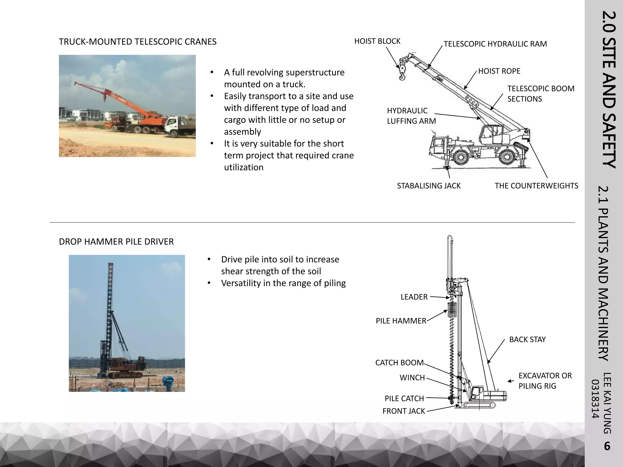 2.0SITEANDSAFETYLEEKAIYUNG2.1PLANTSANDMACHINERY
6
0318314
TRUCK-MOUNTED TELESCOPIC CRANES
DROP HAMMER PILE DRIVER
• Drive pile into soil to increase
shear strength of the soil
• Versatility in the range of piling
BACK STAY
CATCH BOOM
WINCH EXCAVATOR OR
PILING RIG
PILE CATCH
FRONT JACK
PILE HAMMER
LEADER
• A full revolving superstructure
mounted on a truck.
• Easily transport to a site and use
with different type of load and
cargo with little or no setup or
assembly
• It is very suitable for the short
term project that required crane
utilization
HOIST ROPE
HOIST BLOCK
TELESCOPIC BOOM
SECTIONS
TELESCOPIC HYDRAULIC RAM
HYDRAULIC
LUFFING ARM
THE COUNTERWEIGHTSSTABALISING JACK
 