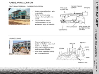 2.0SITEANDSAFETYLEEKAIYUNG2.1PLANTSANDMACHINERY
5
PLANTS AND MACHINERY
0318314
TRUCK-MOUNTED MOBILE CRANES WITH PLATFORM
BACKHOE-LOADER
• A crane mounted on truck with
a man basket
• Worker can travel easily
between floor using this man
basket.
• Only suitable for low risk
construction and can use
without any setup or assembly
• A tractor with a shovel or
bucket on the front and a small
backhoe on the back
• Very useful in digging shallow
excavation and trenches
• It can act as loader for loading
and carrying materials
HYDRAULIC
LUFFING ARM
STABALISING JACK
SLEWING RING
ROAD DRIVING AND
CRANE OPERATION
CONTROLS
PLATFORM
TELESCOPIC BOOM
SECTIONS
TRACTOR
BACKHOE
LOADER
BOOM
STABILIZER LEGS
STICK
BUCKET
 