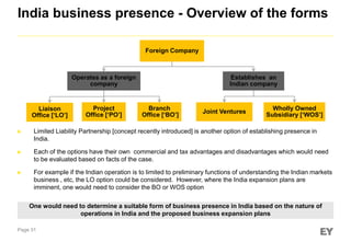 India business presence - Overview of the forms
Foreign Company

Operates as a foreign
company

Liaison
Office [‘LO’]

Project
Office [‘PO’]

Establishes an
Indian company

Branch
Office [‘BO’]

Joint Ventures

Wholly Owned
Subsidiary [‘WOS’]



Limited Liability Partnership [concept recently introduced] is another option of establishing presence in
India.



Each of the options have their own commercial and tax advantages and disadvantages which would need
to be evaluated based on facts of the case.



For example if the Indian operation is to limited to preliminary functions of understanding the Indian markets
business , etc, the LO option could be considered. However, where the India expansion plans are
imminent, one would need to consider the BO or WOS option
One would need to determine a suitable form of business presence in India based on the nature of
operations in India and the proposed business expansion plans

Page 31

 