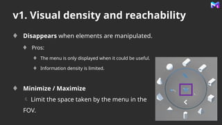 v1. Visual density and reachability
Disappears when elements are manipulated.
Pros:
The menu is only displayed when it could be useful.
Information density is limited.
Minimize / Maximize
 Limit the space taken by the menu in the
FOV.
 
