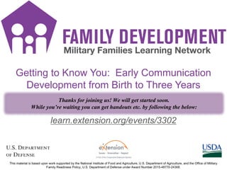 FD Title Slide
1
learn.extension.org/events/3302
Getting to Know You: Early Communication
Development from Birth to Three Years
Thanks for joining us! We will get started soon.
While you’re waiting you can get handouts etc. by following the below:
 