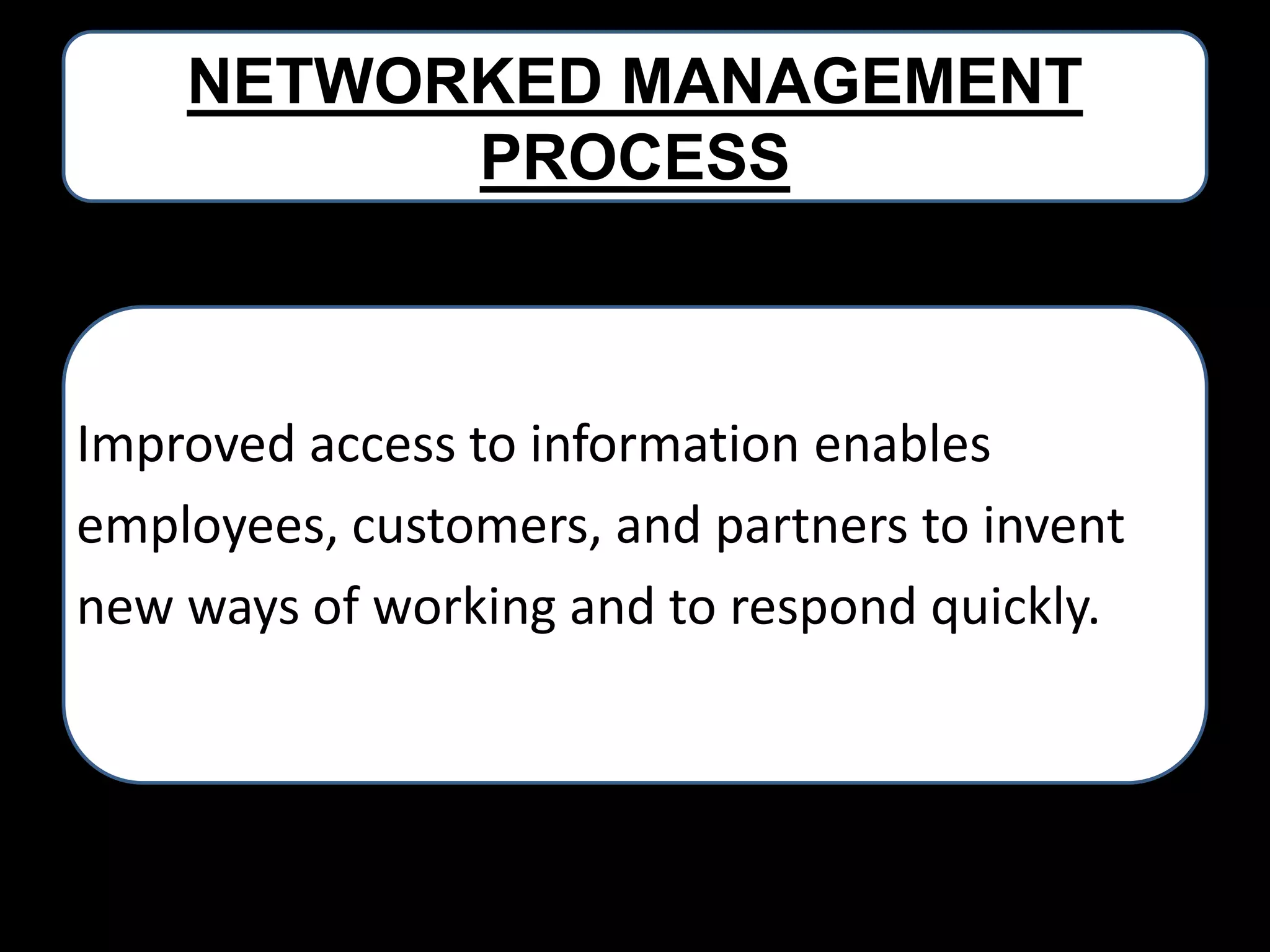 NETWORKED MANAGEMENT
PROCESS

Improved access to information enables
employees, customers, and partners to invent
new ways of working and to respond quickly.

 