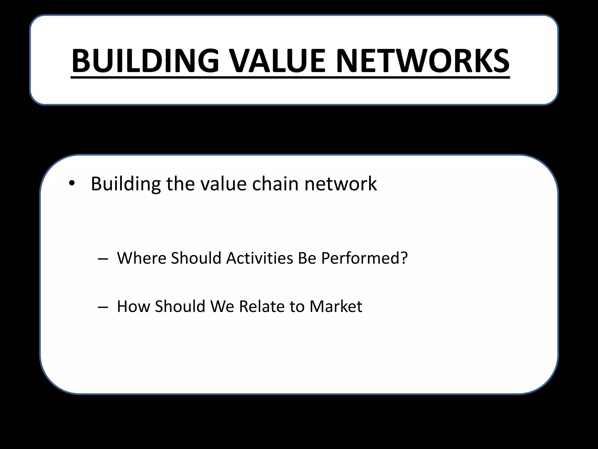 BUILDING VALUE NETWORKS
• Building the value chain network
– Where Should Activities Be Performed?
– How Should We Relate to Market Participants?

 