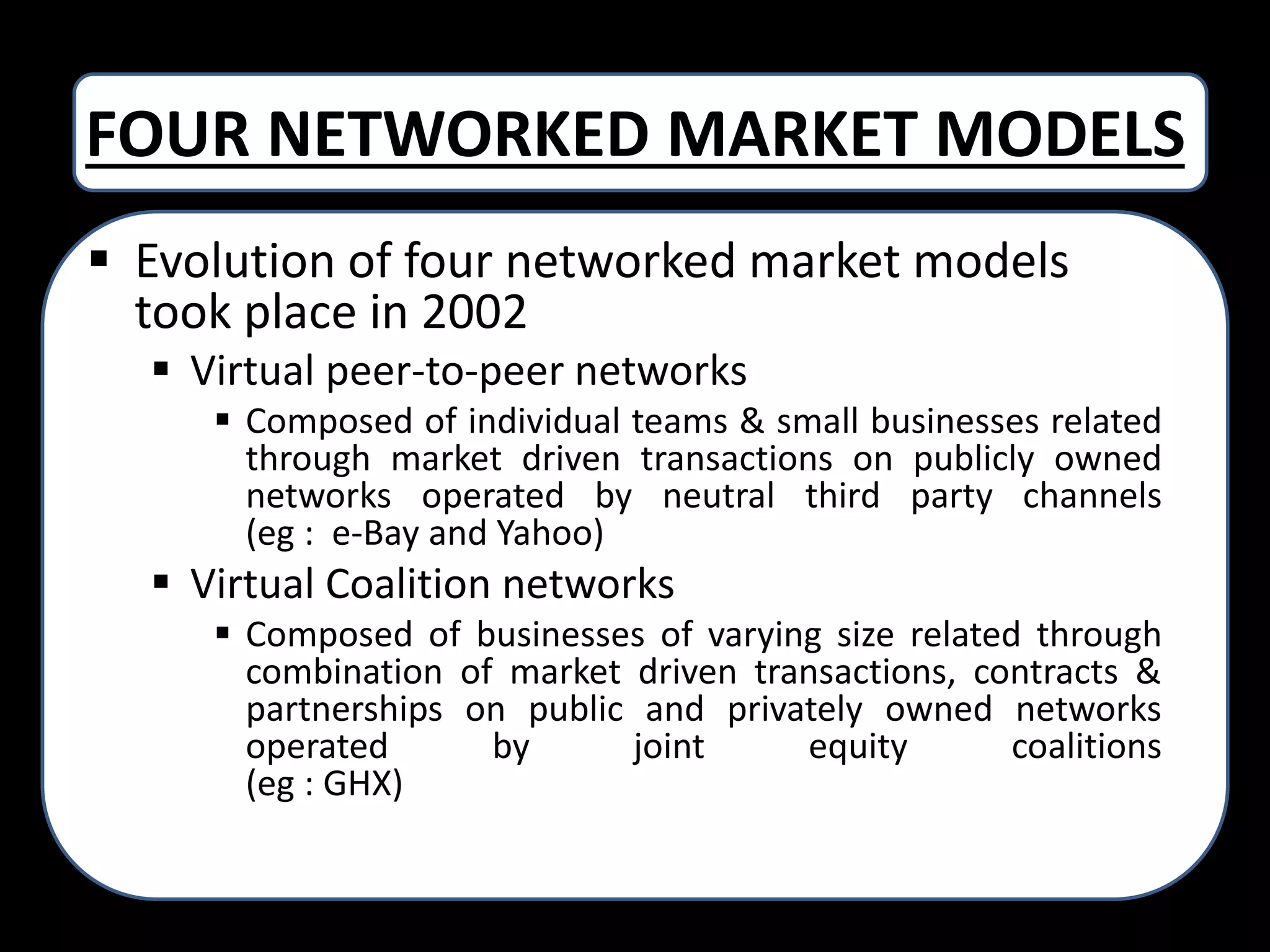FOUR NETWORKED MARKET MODELS
 Evolution of four networked market models
took place in 2002
 Virtual peer-to-peer networks
 Composed of individual teams & small businesses related
through market driven transactions on publicly owned
networks operated by neutral third party channels
(eg : e-Bay and Yahoo)

 Virtual Coalition networks
 Composed of businesses of varying size related through
combination of market driven transactions, contracts &
partnerships on public and privately owned networks
operated
by
joint
equity
coalitions
(eg : GHX)

 