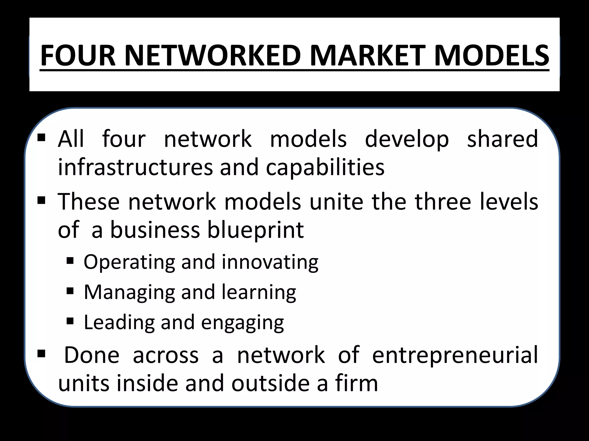 FOUR NETWORKED MARKET MODELS
 All four network models develop shared
infrastructures and capabilities
 These network models unite the three levels
of a business blueprint
 Operating and innovating
 Managing and learning
 Leading and engaging

 Done across a network of entrepreneurial
units inside and outside a firm

 