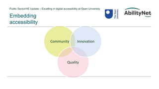 Public Sector/HE Update – Excelling in digital accessibility at Open University
Embedding
accessibility
Community
Quality
Innovation
 