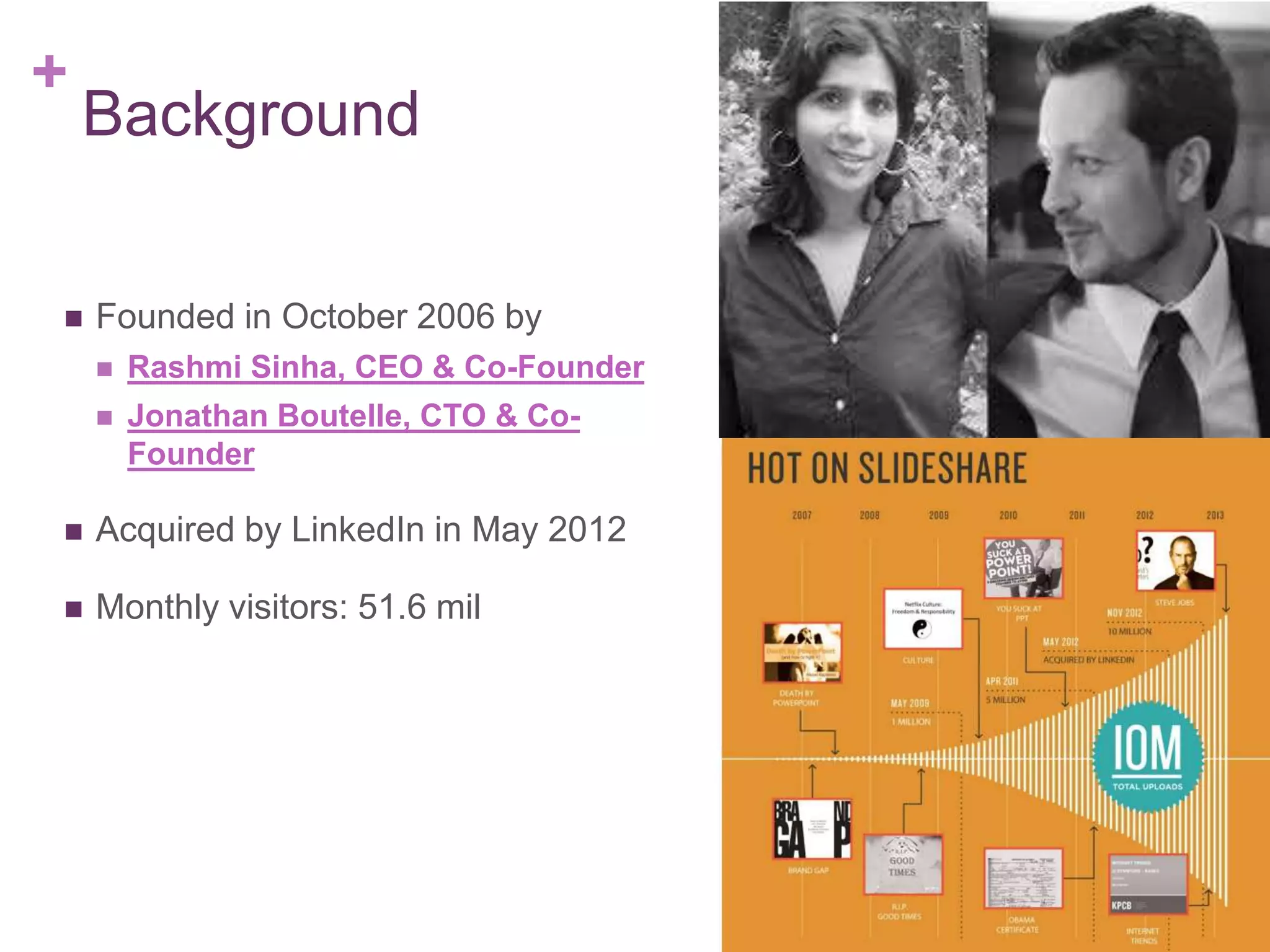+
Background
 Founded in October 2006 by
 Rashmi Sinha, CEO & Co-Founder
 Jonathan Boutelle, CTO & Co-
Founder
 Acquired by LinkedIn in May 2012
 Monthly visitors: 51.6 mil
 