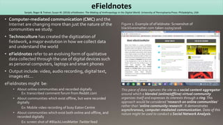 eFieldnotes
Sanjek, Roger & Tratner, Susan W. (2016) eFieldnotes: The Making of Anthropology in the Digital World. University of Pennsylvania Press: Philadelphia, USA
 