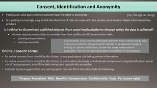 Consent, Identification and Anonymity
Purpose Procedures Risks Benefits Compensation Confidentiality Costs Participant rights
[Sin, Harng Luh (2015)]
 