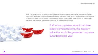 Oil and Gas Reinvention Index 2022
While their expectations for returns may be lower, energy companies are now benefitting from higher
commodity prices and industry profitability over the past year. These factors are setting a higher baseline
for returns. So even though energy companies are setting more modest expectations for measurable
outcomes, the potential industry value that can be unlocked is enormous.
12
If all industry players were to achieve
leaders-level ambitions, the industry
value that could be generated may near
$700 billion per year.
Copyright © 2022 Accenture. All rights reserved.
 