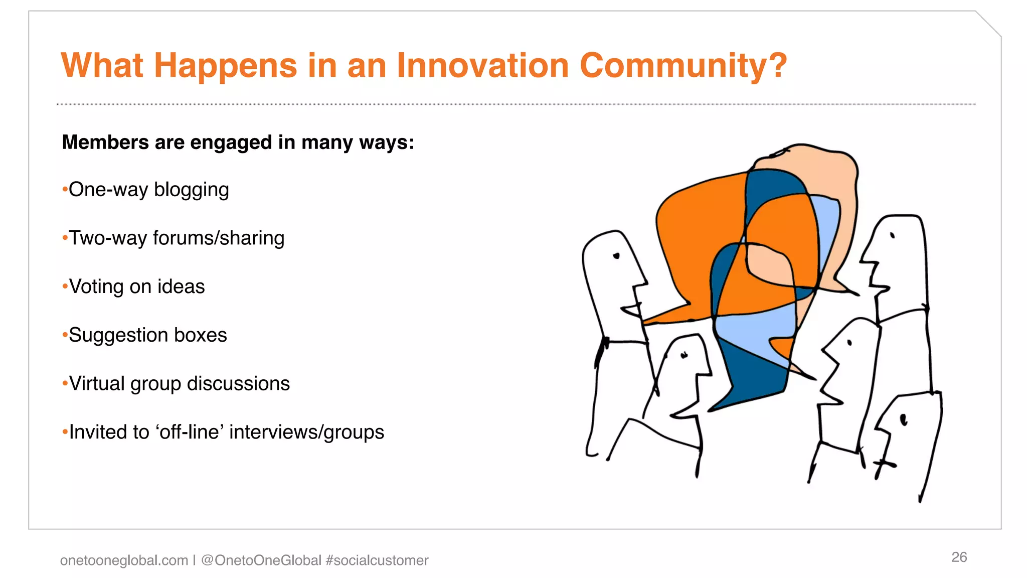 What Happens in an Innovation Community?!

Members are engaged in many ways:!

• One-way blogging!

• Two-way forums/sharing!

• Voting on ideas!

• Suggestion boxes!

• Virtual group discussions!

• Invited to ʻoff-lineʼ interviews/groups!




onetooneglobal.com | @OnetoOneGlobal #socialcustomer!   26!
 