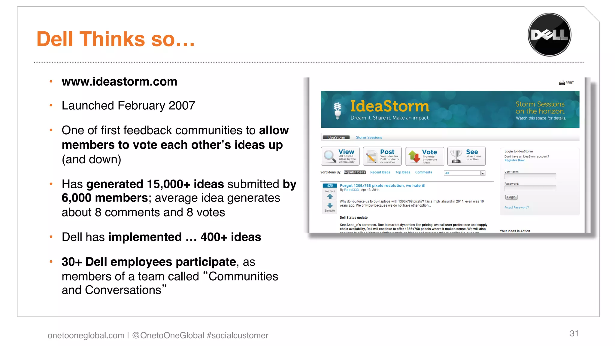 Dell Thinks so…!
 •  www.ideastorm.com!
 •  Launched February 2007!

 •  One of ﬁrst feedback communities to allow
    members to vote each otherʼs ideas up
    (and down)!

 •  Has generated 15,000+ ideas submitted by
    6,000 members; average idea generates
    about 8 comments and 8 votes!

 •  Dell has implemented … 400+ ideas!

 •  30+ Dell employees participate, as
    members of a team called Communities
    and Conversations !


 onetooneglobal.com | @OnetoOneGlobal #socialcustomer!   31!
 
