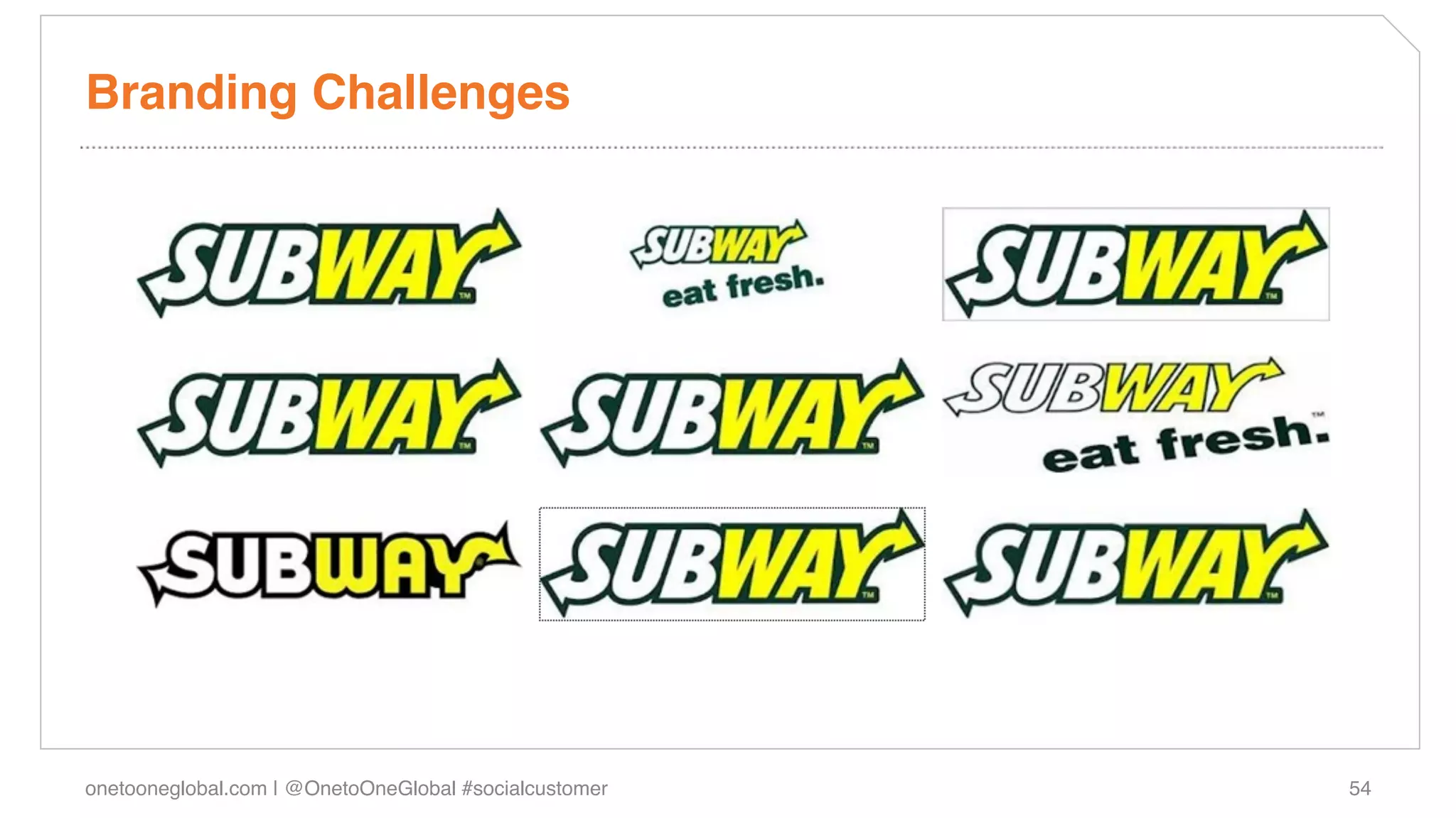 Branding Challenges!




onetooneglobal.com | @OnetoOneGlobal #socialcustomer!   54!
 